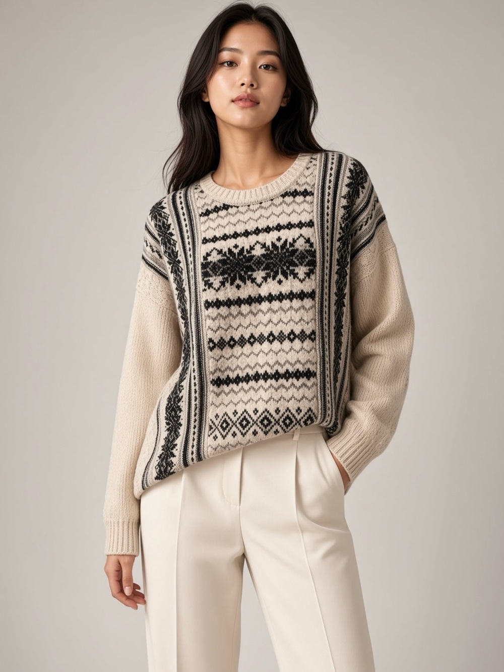 Women's Cabi Black and Cream Winter Patterned Sweater